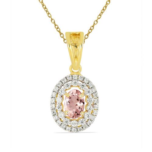 BUY 14K GOLD NATURAL MORGANITE GEMSTONE HALO PENDANT WITH WHITE DIAMOND